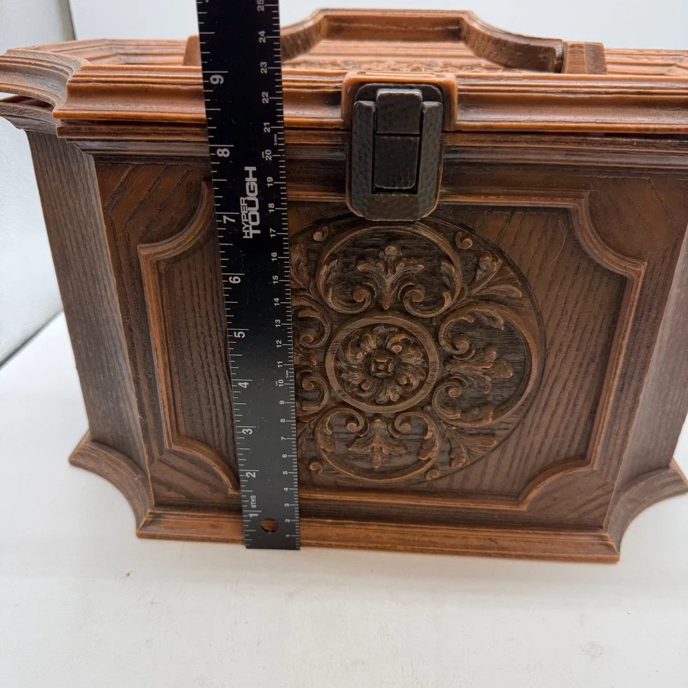 Vintage Faux Wood Sewing Box Ornate Plastic Basket with Tray and Notions Brown